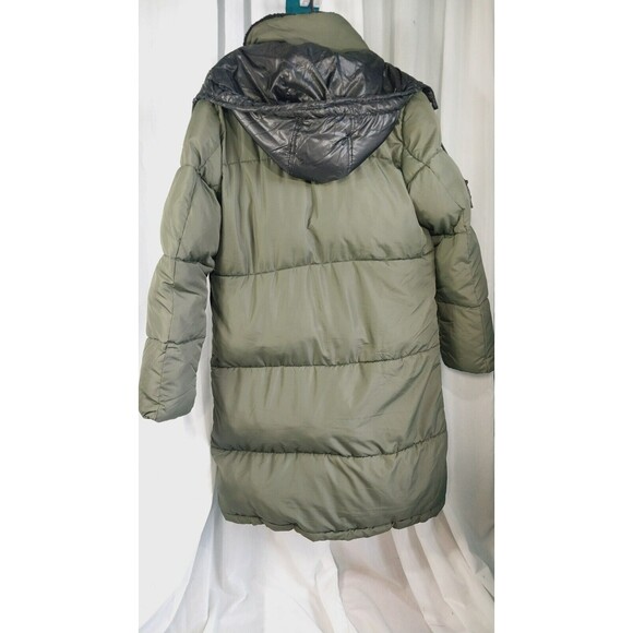 Womens Big Chill Long Puffer Coat W/Removable Hood Faux Fur Trim Medium Green - Picture 5 of 13